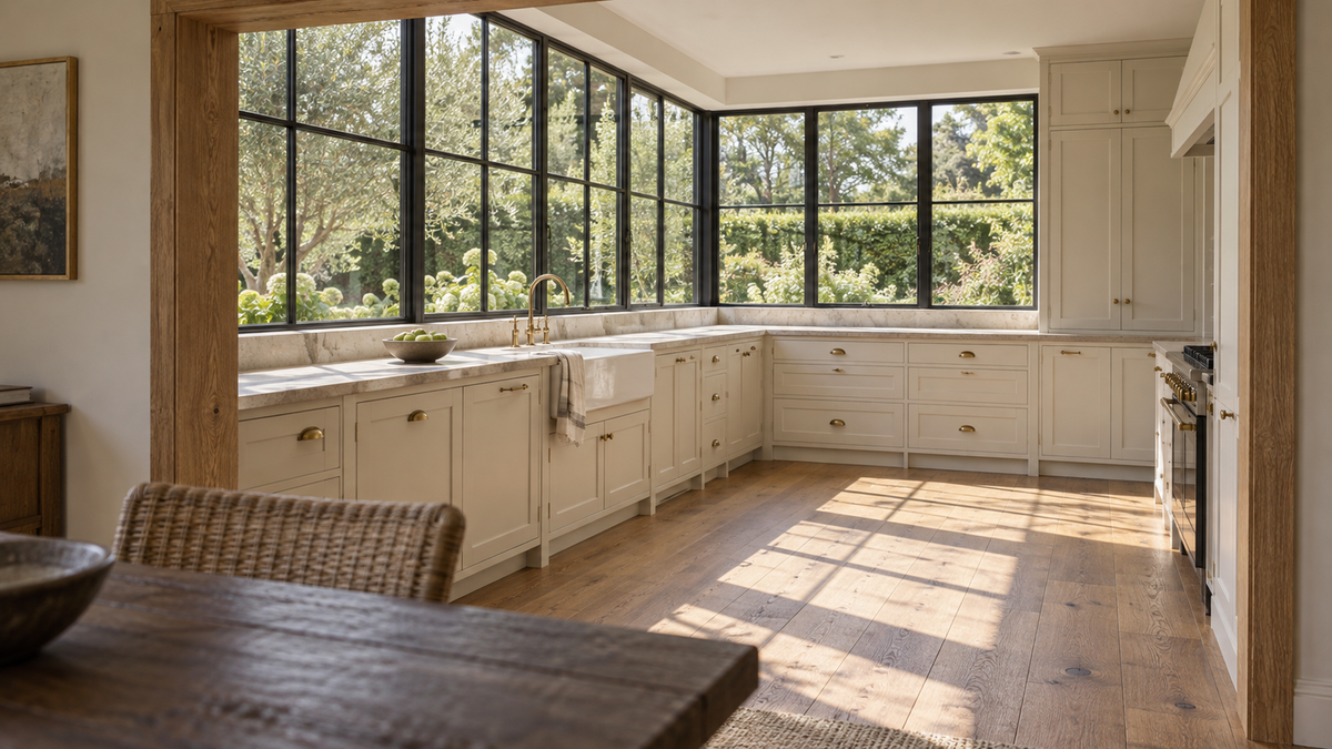 Sunlight from tall steel corner windows crosses an off-white L-shaped kitchen with a white farmhouse sink, oak floors and a dining-room foreground.