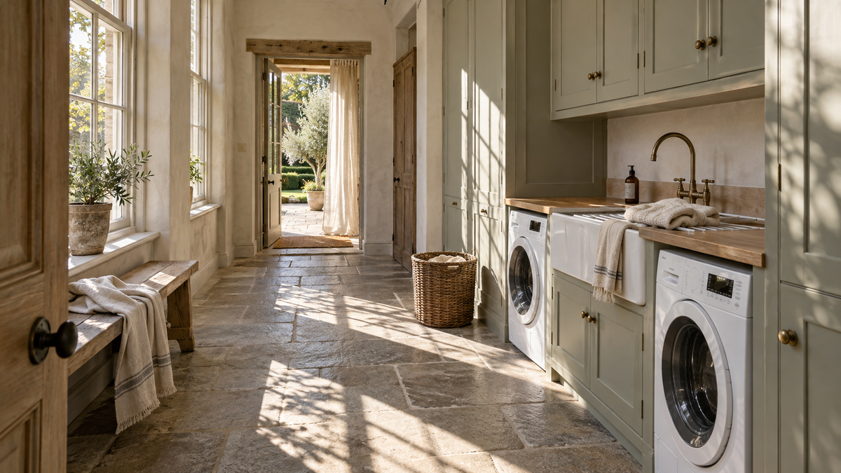 Window light crosses a Belgian country utility room with sage cabinets, oak countertops, white farmhouse sink, drying sweater, laundry machines and a woven basket.