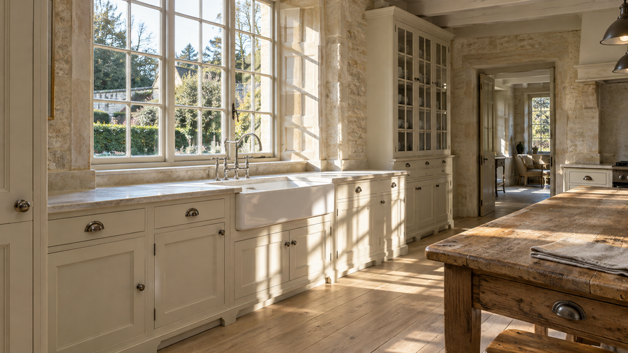 Raking sunlight fills an ivory English kitchen, illuminating a white farmhouse sink, nickel bridge faucet, pale oak floor and weathered worktable beneath tall garden windows.
