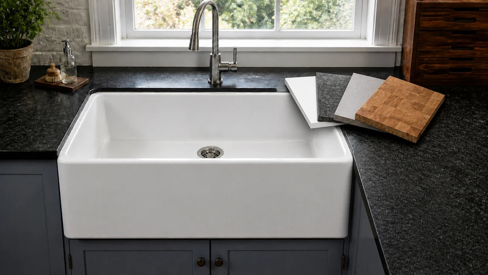 A white smooth-apron farmhouse sink with four contrasting countertop material samples arranged beside the basin