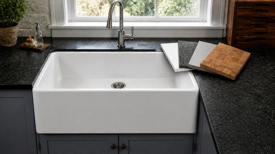 A white smooth-apron farmhouse sink with four contrasting countertop material samples arranged beside the basin