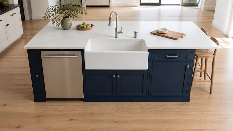 A white smooth-apron farmhouse sink in a detached navy island beside a dishwasher and dry-end seating