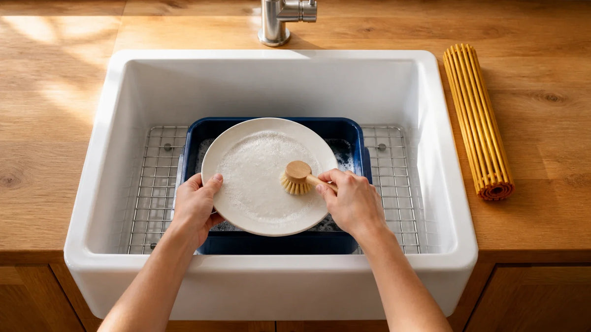 A plate being scrubbed in a dishpan set on a protective grid inside a white farmhouse sink