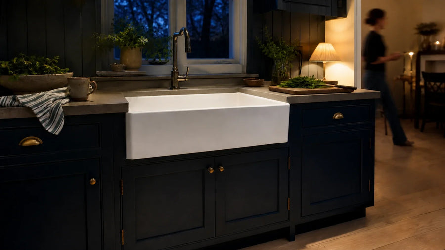 A white smooth-apron farmhouse sink in a dark navy kitchen at blue hour with warm task lighting