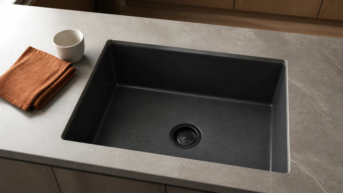 A matte charcoal undermount sink with one centered drain in a warm stone countertop