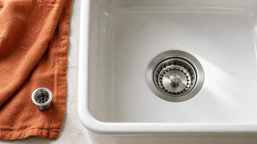 A basket strainer installed in a white sink beside a smaller loose drain fitting on rust-colored linen