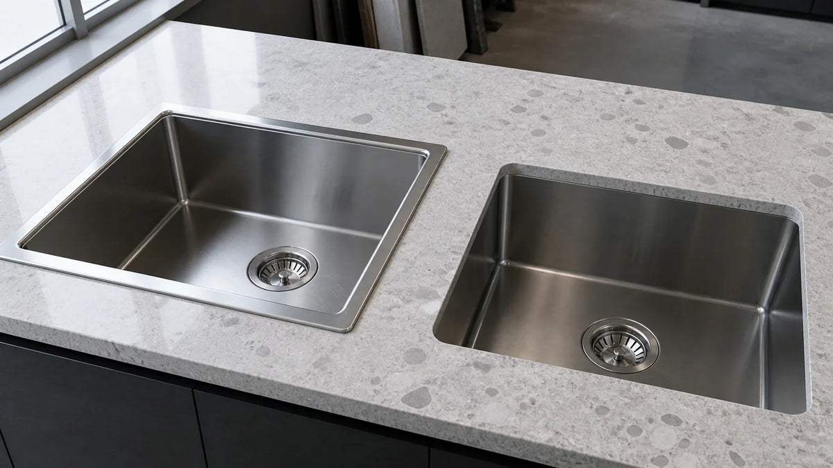 A stainless drop-in sink with its rim above the counter beside an undermount sink below the countertop edge