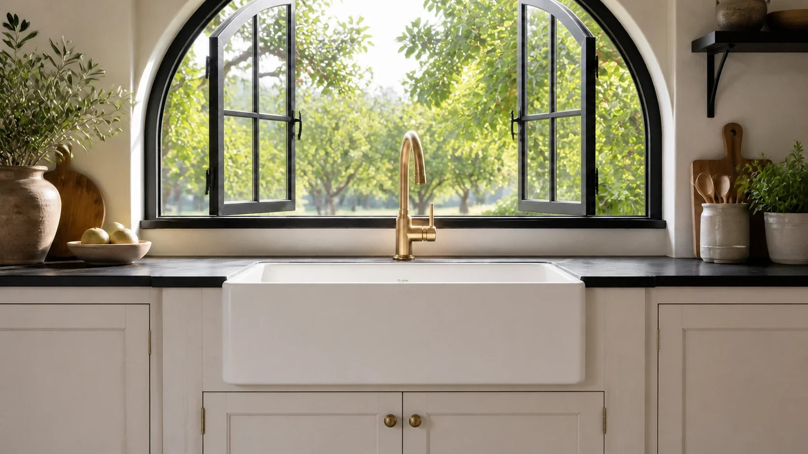 A white smooth-apron farmhouse sink beneath an open black arched window with clear faucet and sash clearance
