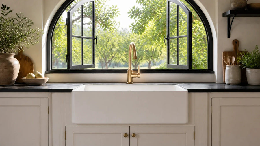 A white smooth-apron farmhouse sink beneath an open black arched window with clear faucet and sash clearance