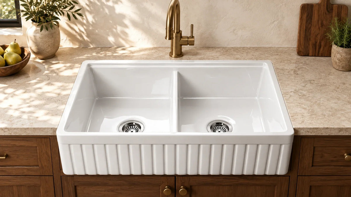 Illustrative white fluted-apron 33-inch double-bowl fireclay farmhouse sink with two drains in a warm walnut kitchen