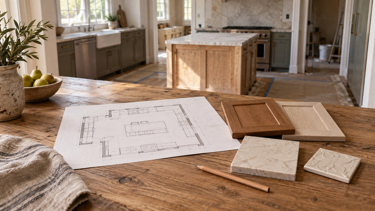 Illustrative kitchen renovation planning scene with an unlabeled floor plan, cabinet samples and stone and tile samples on a wood table