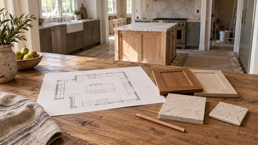 Illustrative kitchen renovation planning scene with an unlabeled floor plan, cabinet samples and stone and tile samples on a wood table