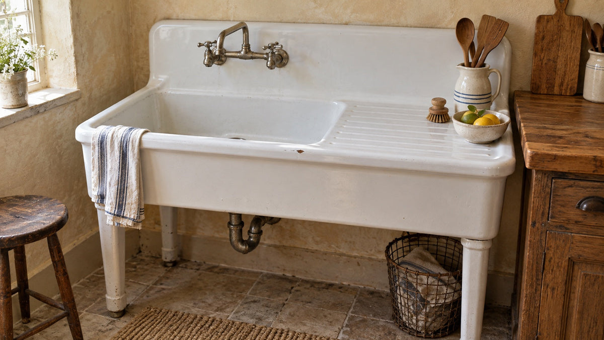 Illustrative vintage-style high-back enamel farmhouse sink with an integral ribbed drainboard and front legs in an older kitchen