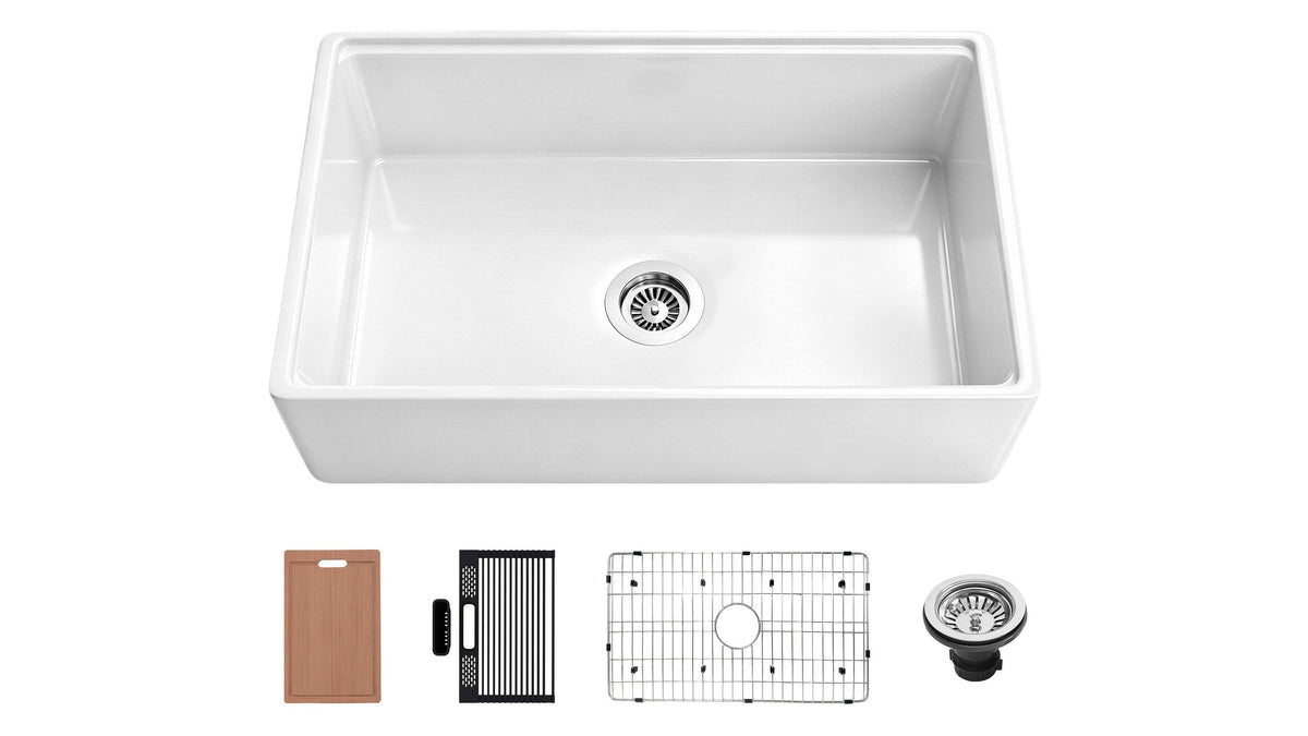 NOZLOO fireclay farmhouse workstation sink with complete 4-piece kit: sapele wood cutting board, roll-up drying rack, stainless steel bottom grid and basket strainer drain