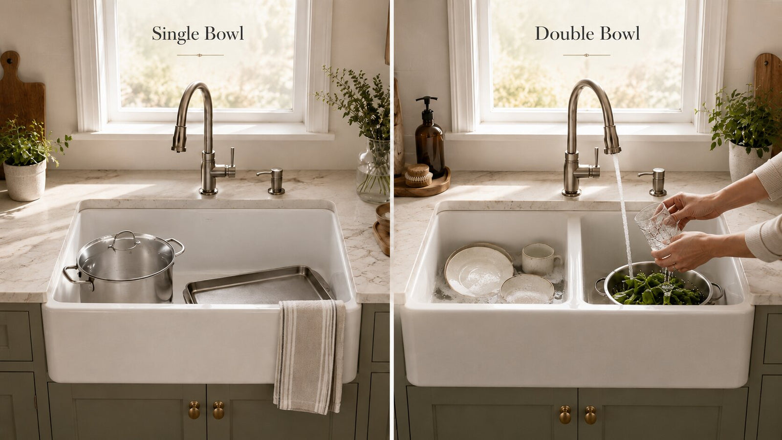 Side-by-side comparison of a single bowl farmhouse sink with large cookware and a double bowl farmhouse sink with dishes and produce rinsing