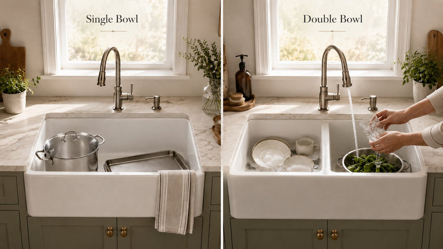 Side-by-side comparison of a single bowl farmhouse sink with large cookware and a double bowl farmhouse sink with dishes and produce rinsing