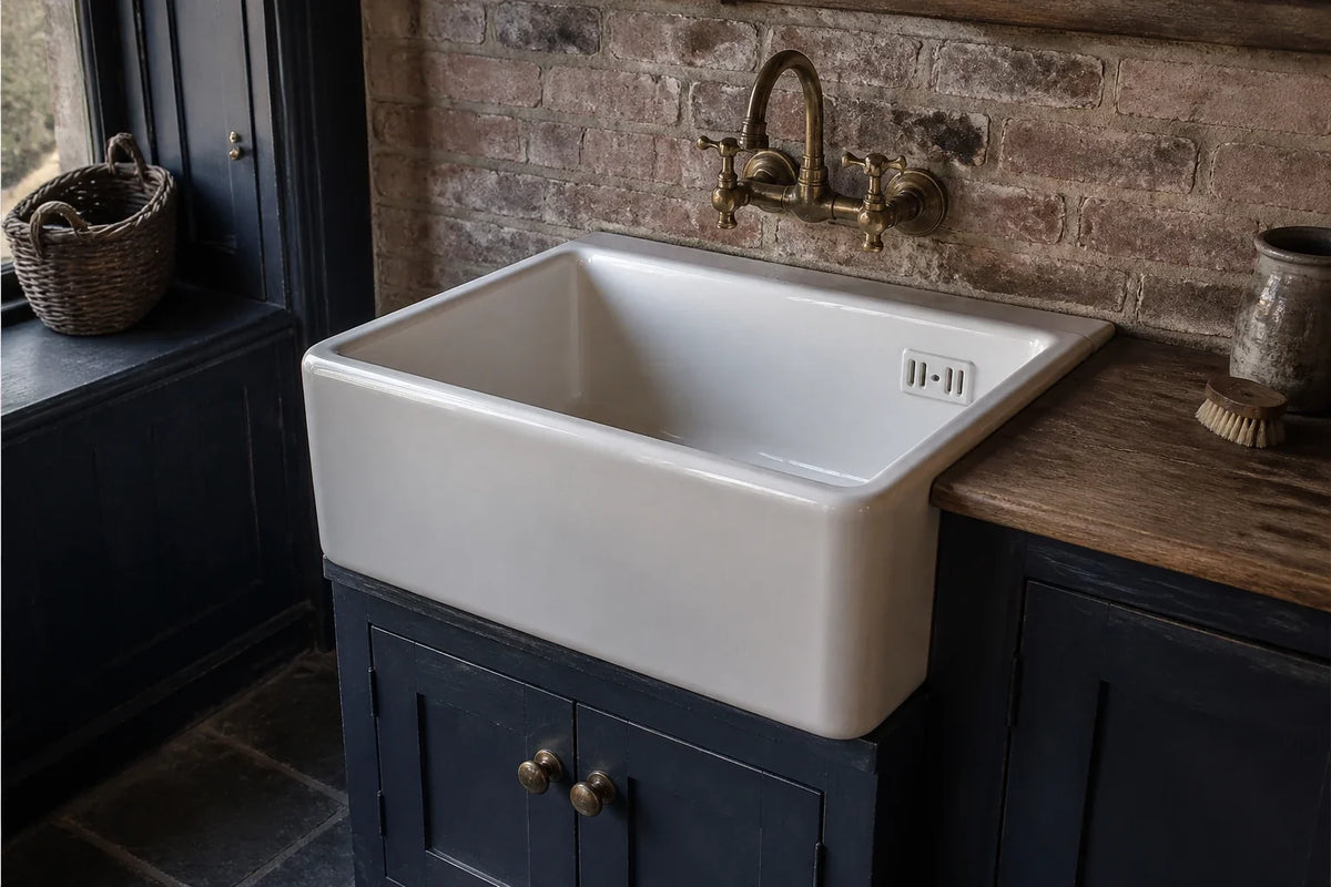 Traditional-style white ceramic apron-front sink with a visible side overflow installed above blue cabinet doors in a restored brick scullery