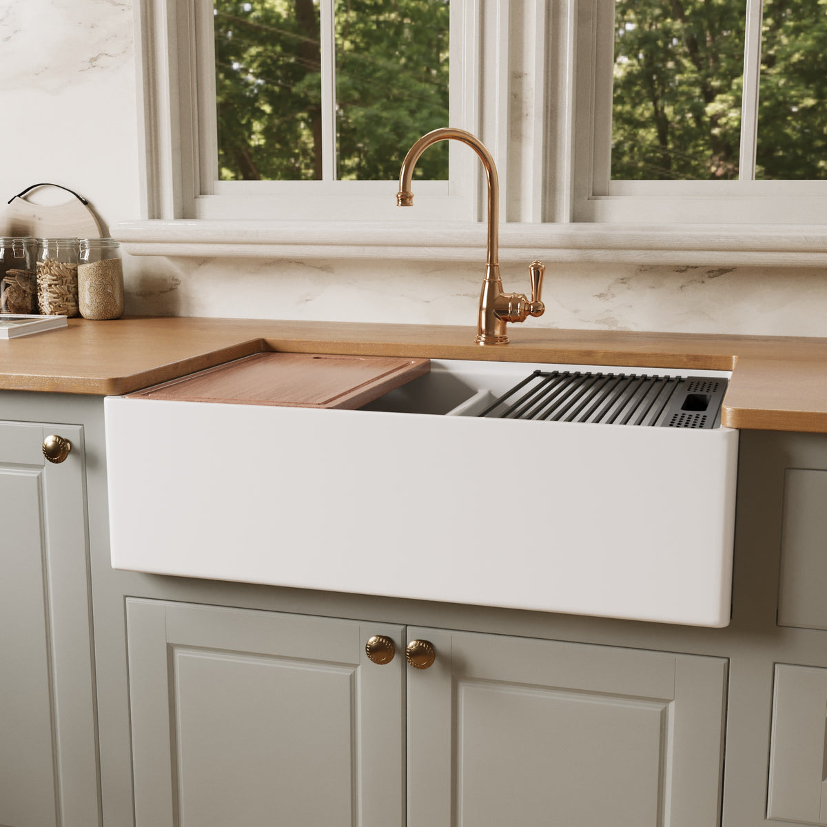 33 inch fireclay double bowl farmhouse sink with the smooth apron side facing out, cutting board over one bowl and roll-up drying rack over the other