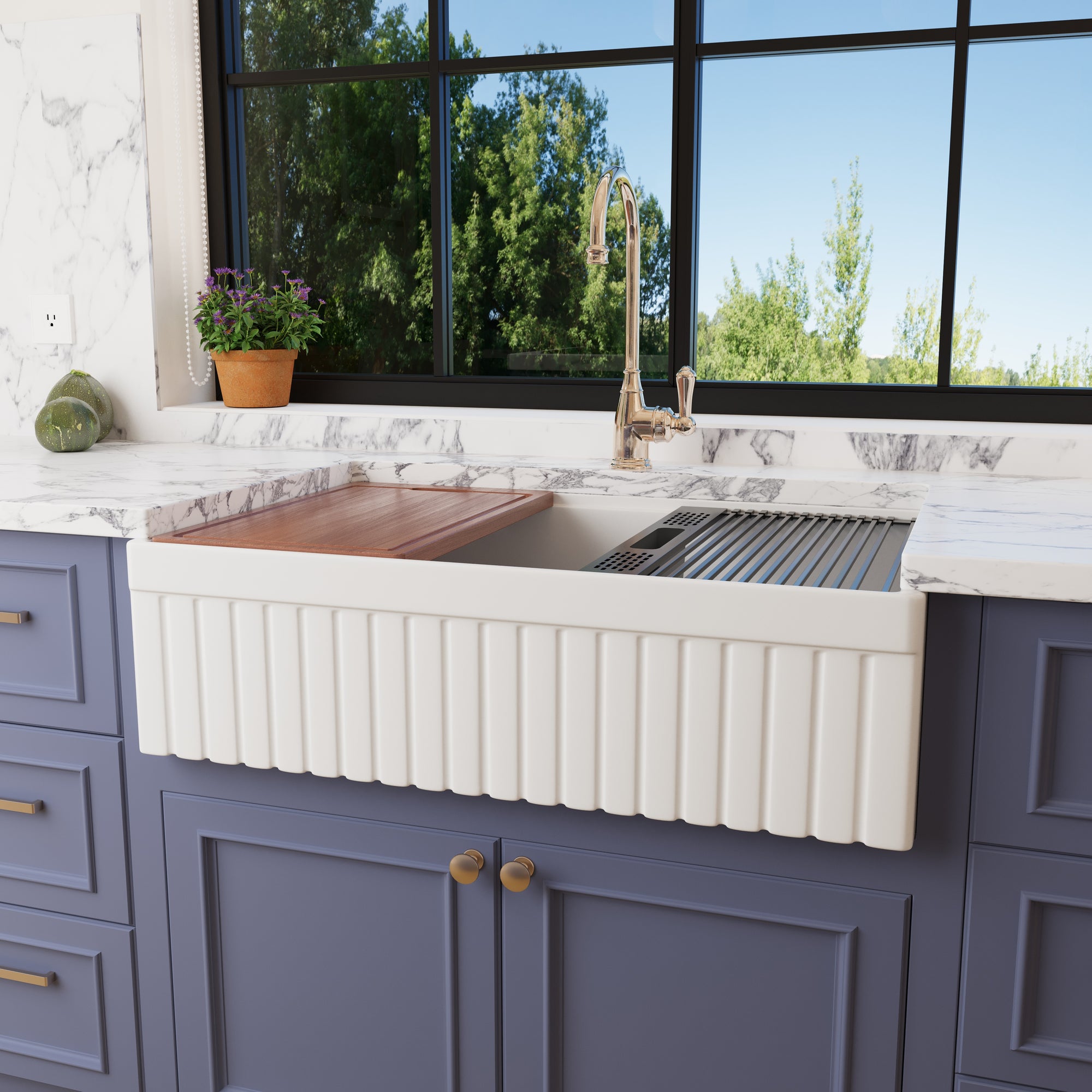 Front view of the NOZLOO 33 inch reversible fluted apron fireclay farmhouse sink with cutting board and drying rack on the workstation ledge