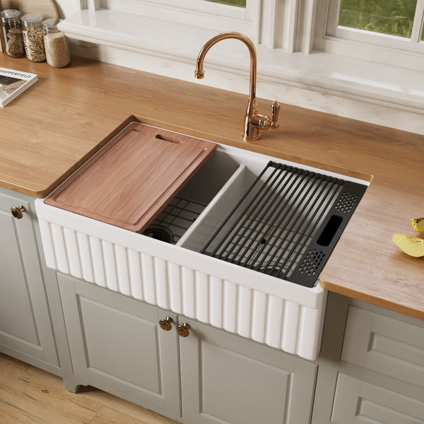 NOZLOO 33" Fireclay Double Bowl Farmhouse Sink with Workstation Kit