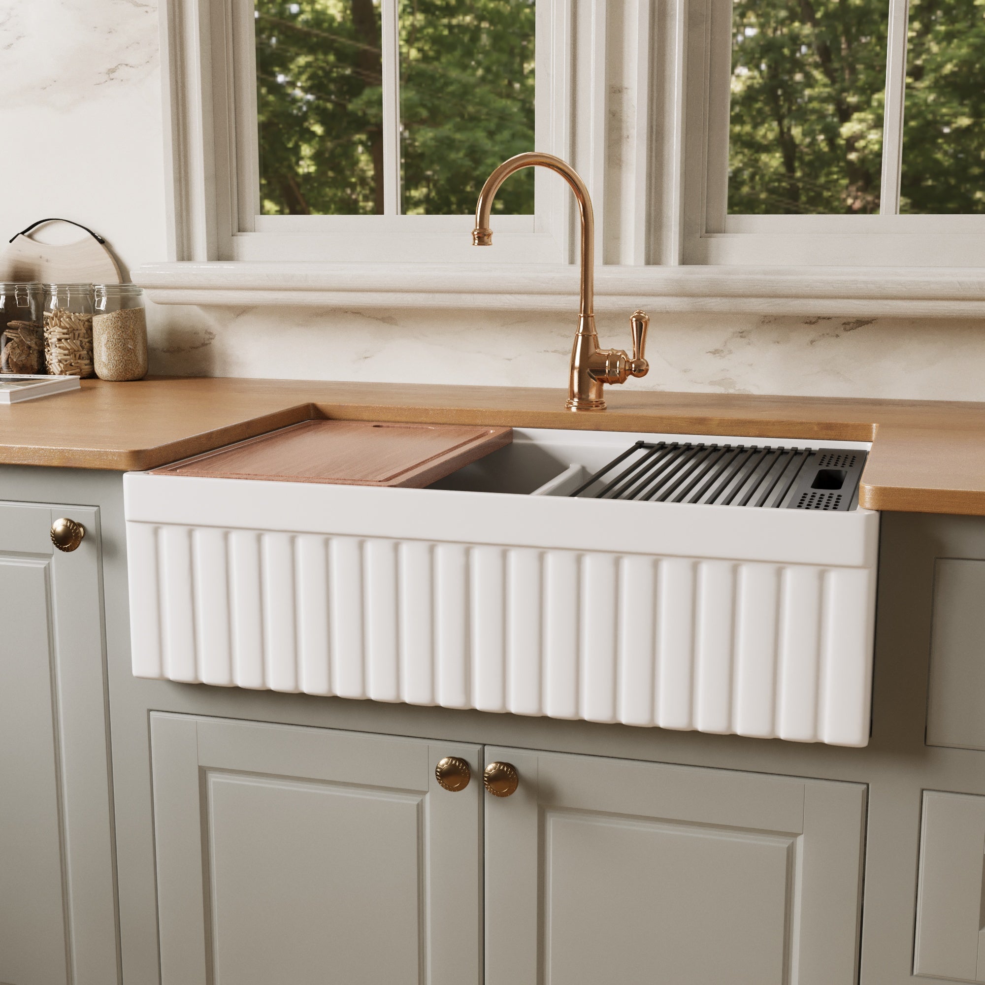 33 inch fireclay double bowl farmhouse sink shown with the fluted side of its reversible apron facing out