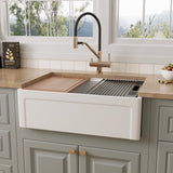 30 inch grooved fireclay farmhouse sink with cutting board and roll-up drying rack in kitchen