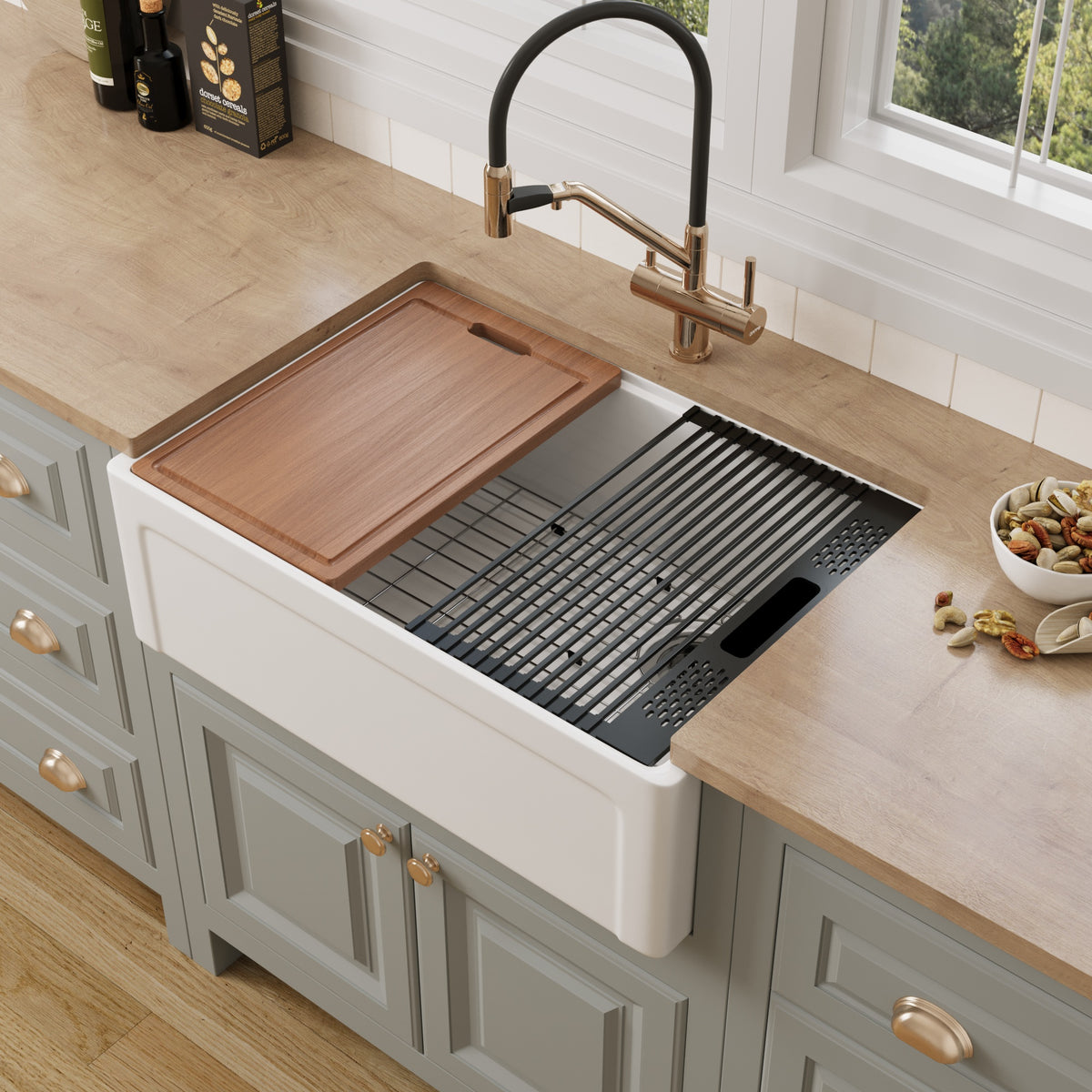 30 inch grooved fireclay farmhouse sink with sapele board and roll-up drying rack over basin