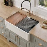 30 inch grooved fireclay farmhouse sink with sapele board and roll-up drying rack over basin