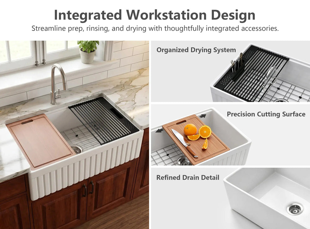 Integrated workstation design for 33 inch fireclay farmhouse sink with ledges for cutting board and drying rack