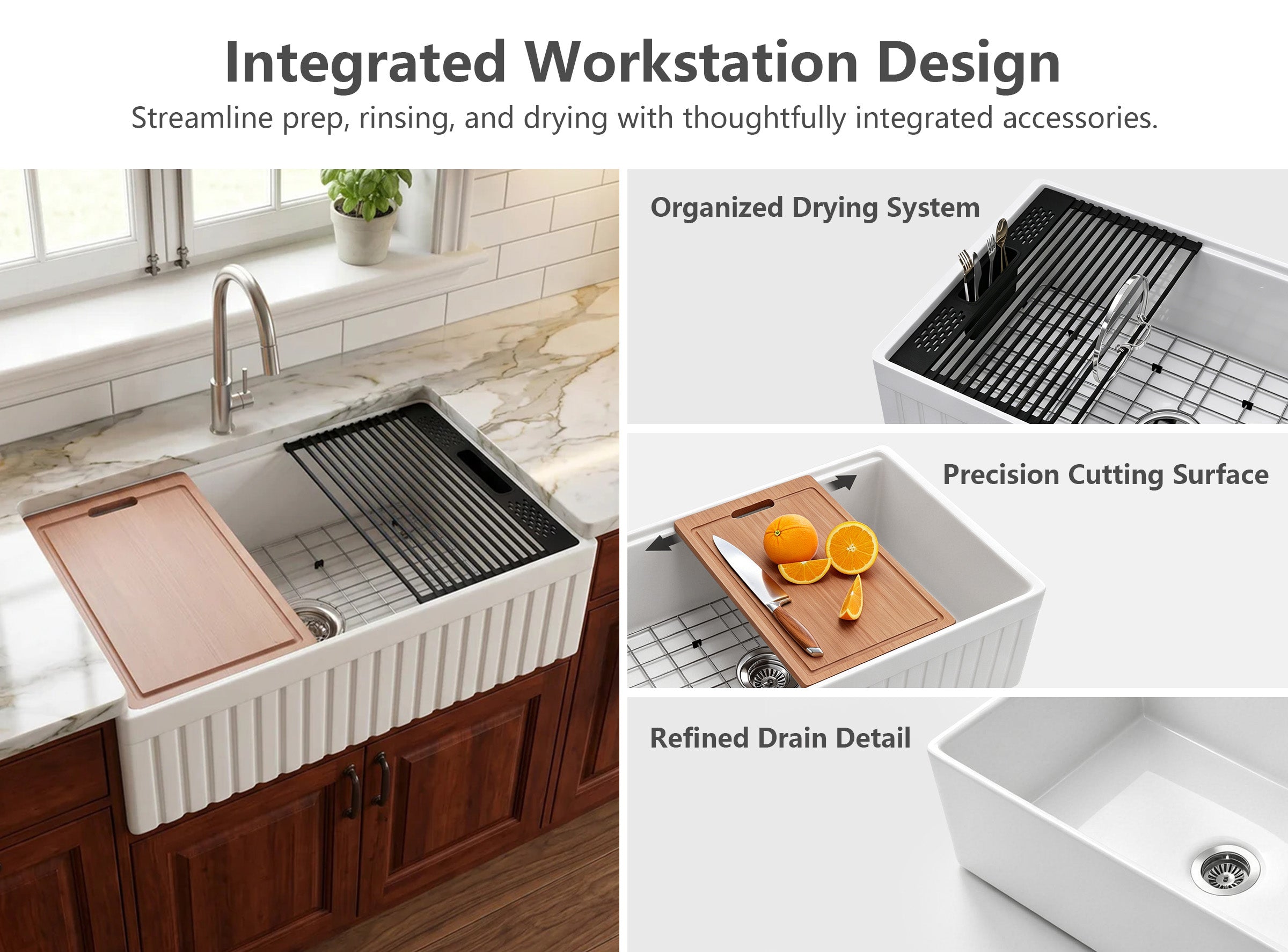 Integrated workstation design for 33 inch fireclay farmhouse sink with ledges for cutting board and drying rack