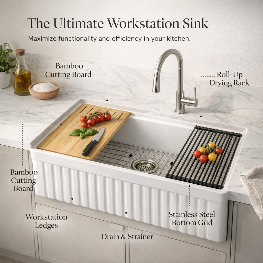 NOZLOO 33 inch Fireclay Farmhouse Workstation Sink