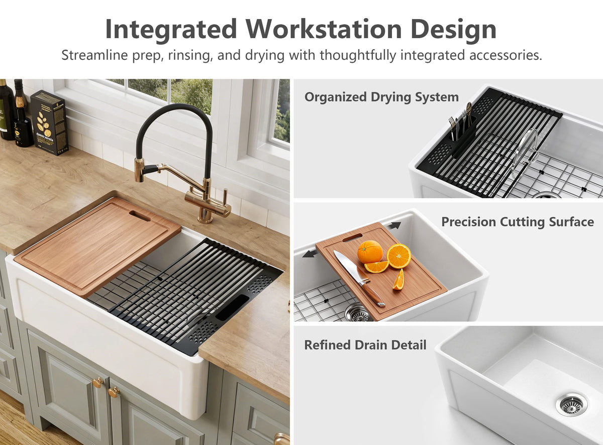 NOZLOO 30" Grooved Apron Fireclay Farmhouse Sink with Workstation Kit
