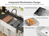 White 33" Workstation Fireclay Farmhouse Sink with cutting board, drying rack, bottom grid, and accessory detail