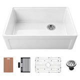 30 inch grooved apron fireclay farmhouse sink with cutting board, utensil holder, roll-up drying rack, stainless steel bottom grid, and drain assembly.