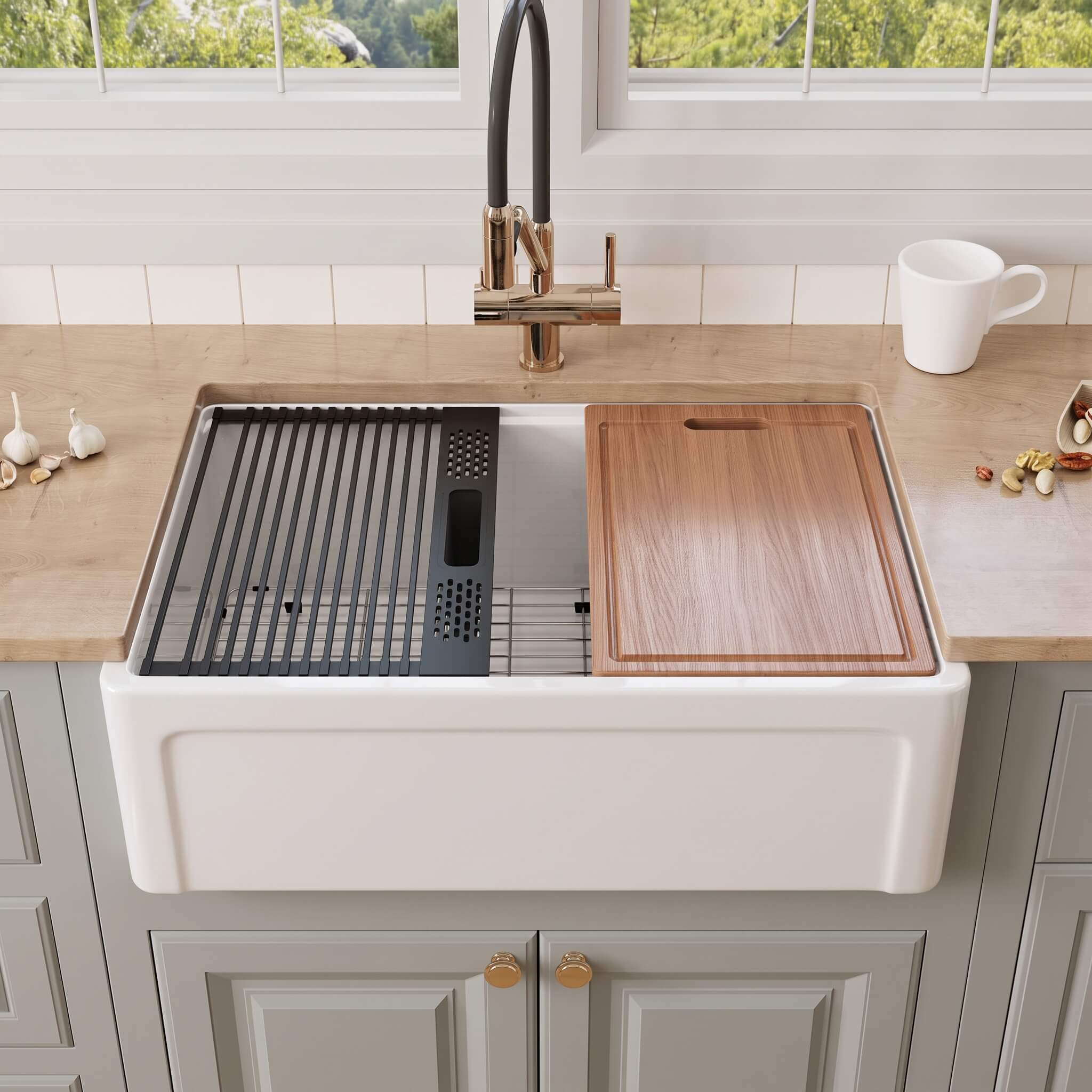 30 inch Grooved Apron Fireclay Farmhouse Sink with Workstation Kit featuring a cutting board, roll-up drying rack, bottom grid, and black colander tray on the integrated ledge
