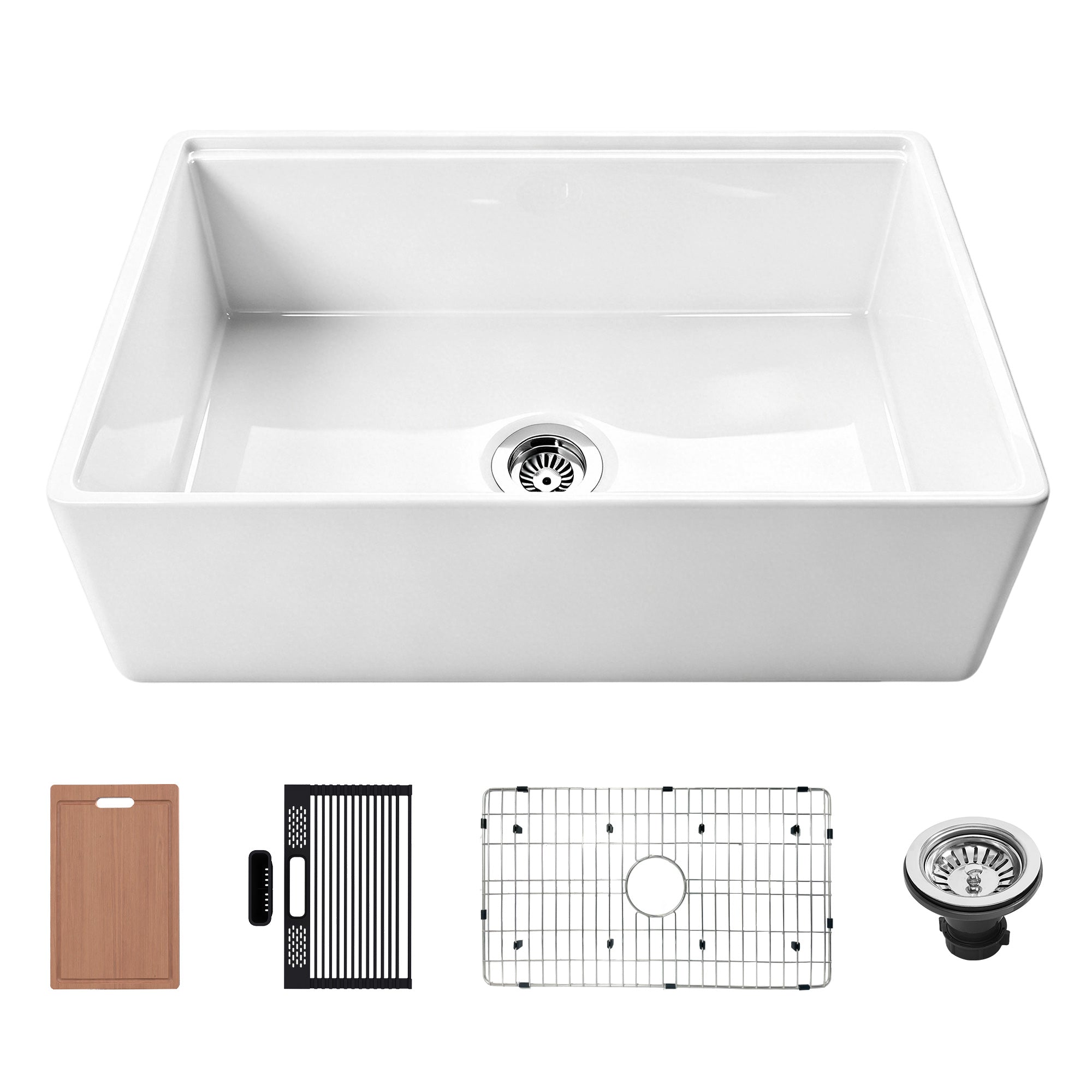 30 inch reversible apron fireclay farmhouse sink with smooth front, cutting board, roll-up drying rack, bottom grid, utensil holder, and drain assembly.