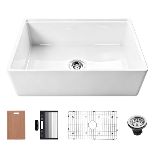 30 inch reversible apron fireclay farmhouse sink with smooth front, cutting board, roll-up drying rack, bottom grid, utensil holder, and drain assembly.