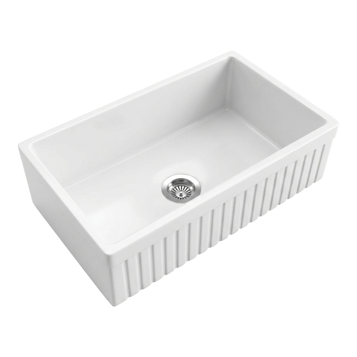 NOZLOO 33 inch reversible fluted apron fireclay farmhouse sink, angled view on white background
