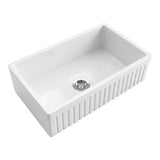NOZLOO 33 inch reversible fluted apron fireclay farmhouse sink, angled view on white background