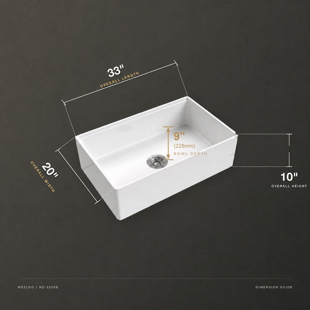 NOZLOO NZ-3320S 33 inch smooth apron fireclay farmhouse sink dimension guide 33 x 20 x 10 with 9 inch bowl depth measured at the drain