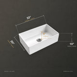 NOZLOO NZ-3320S 33 inch smooth apron fireclay farmhouse sink dimension guide 33 x 20 x 10 with 9 inch bowl depth measured at the drain