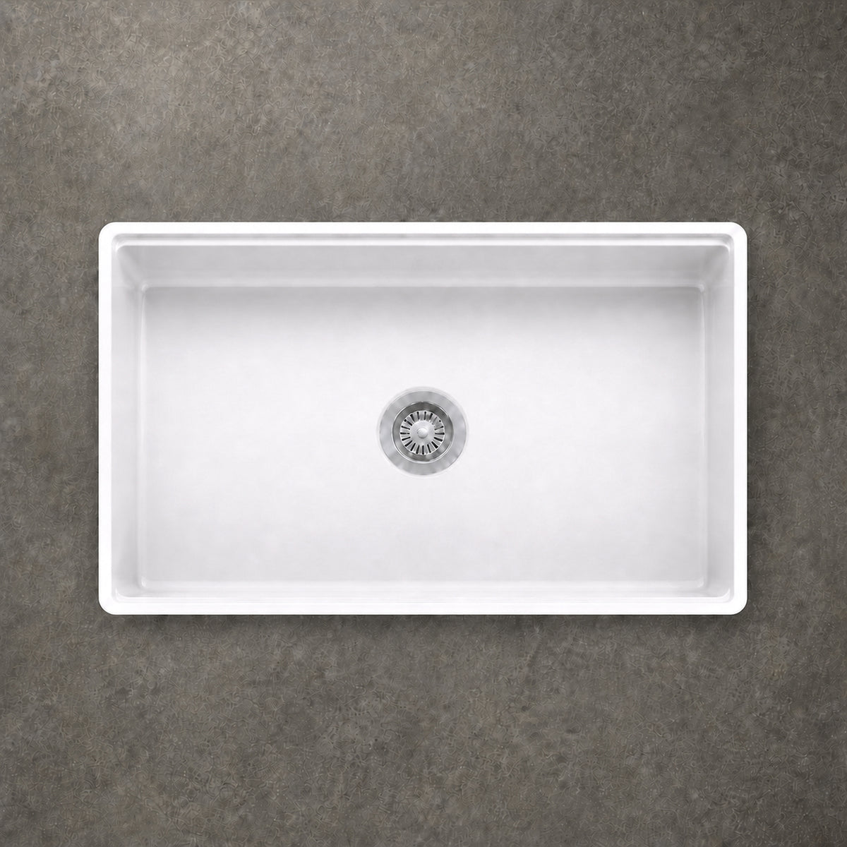 NOZLOO 33 inch smooth apron fireclay farmhouse sink, top-down view of the single bowl interior