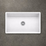NOZLOO 33 inch smooth apron fireclay farmhouse sink, top-down view of the single bowl interior