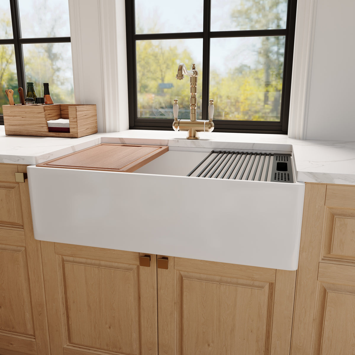 NOZLOO 33" Smooth Apron Fireclay Farmhouse Sink with Workstation Kit
