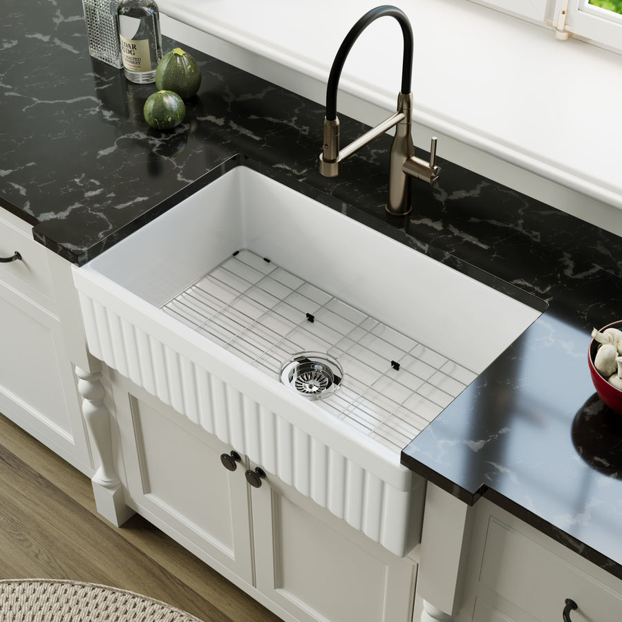NOZLOO fireclay farmhouse sink with included accessories
