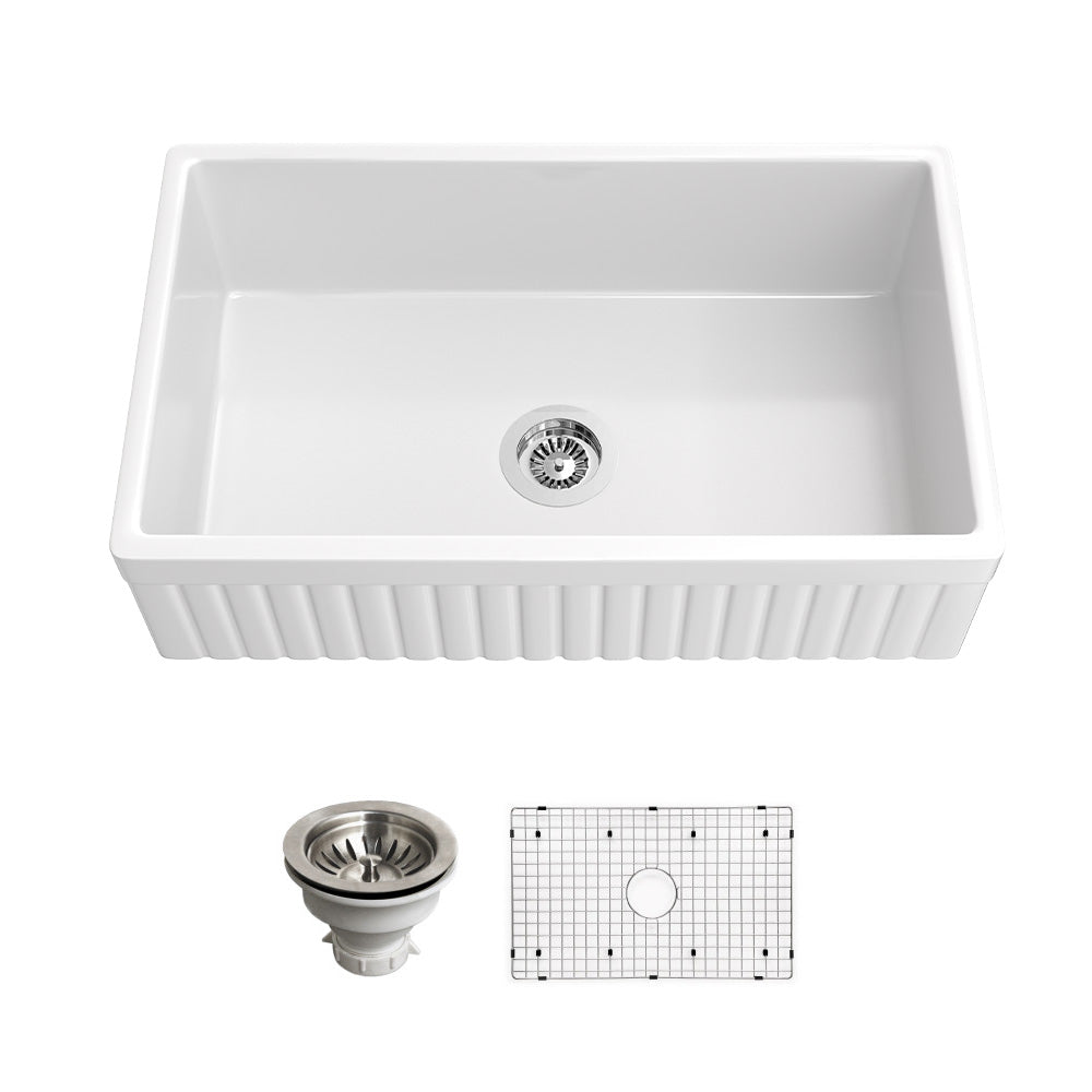 33 inch reversible apron fireclay farmhouse sink with drain assembly and stainless steel bottom grid