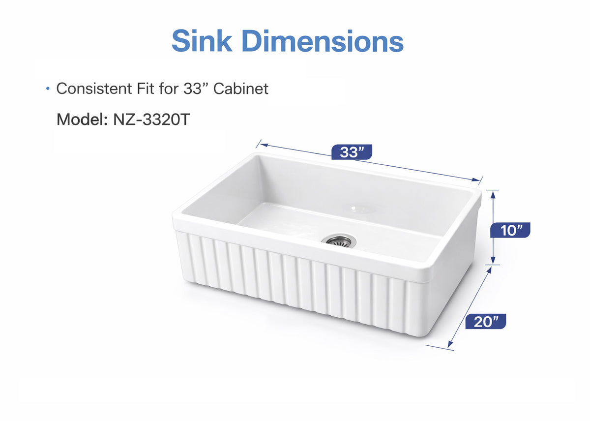 33 inch reversible apron fireclay farmhouse sink dimension diagram showing 33 x 20 x 10 size