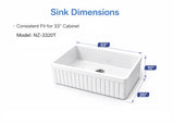 33 inch reversible apron fireclay farmhouse sink dimension diagram showing 33 x 20 x 10 size