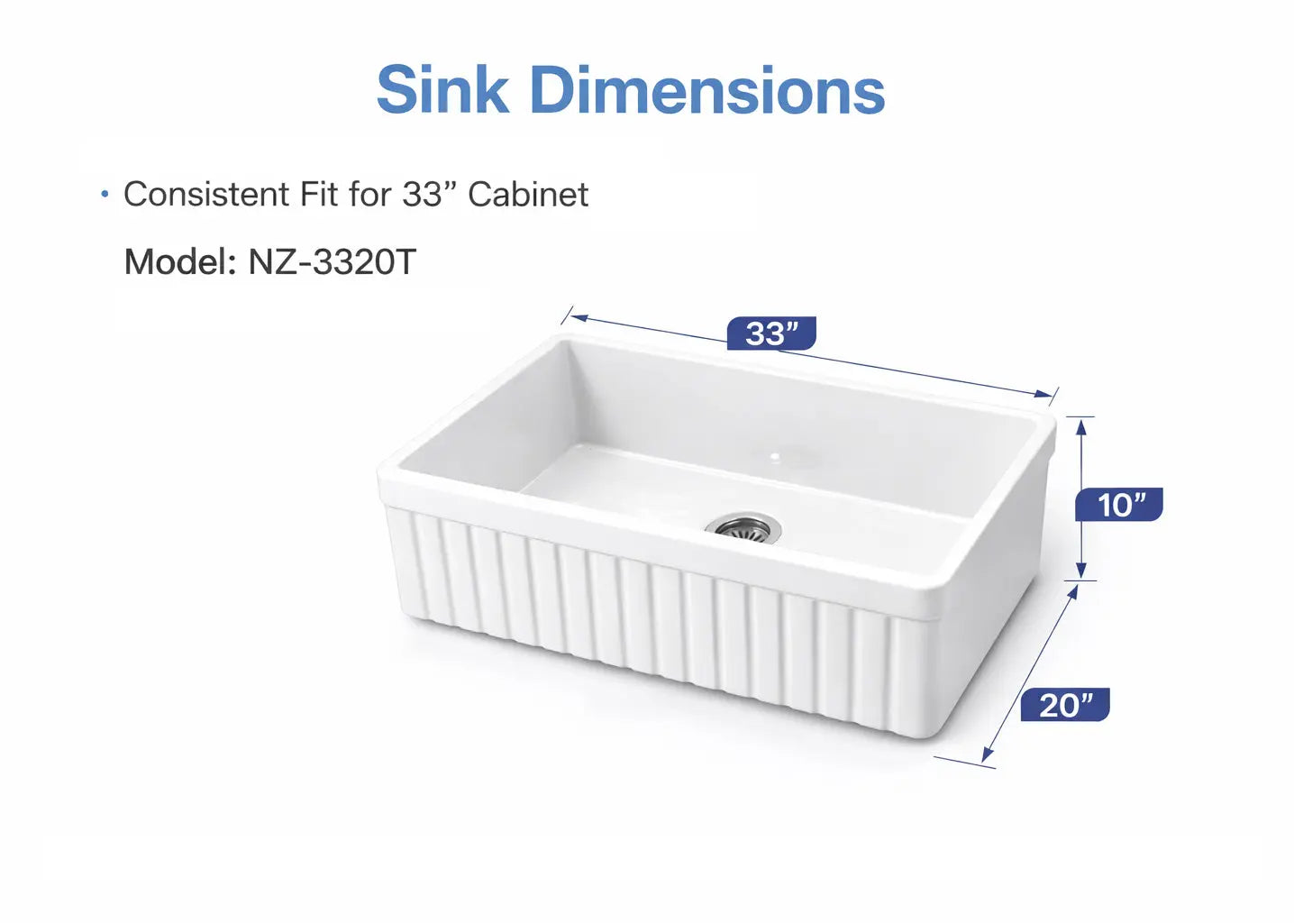 33 inch reversible apron fireclay farmhouse sink dimension diagram showing 33 x 20 x 10 size