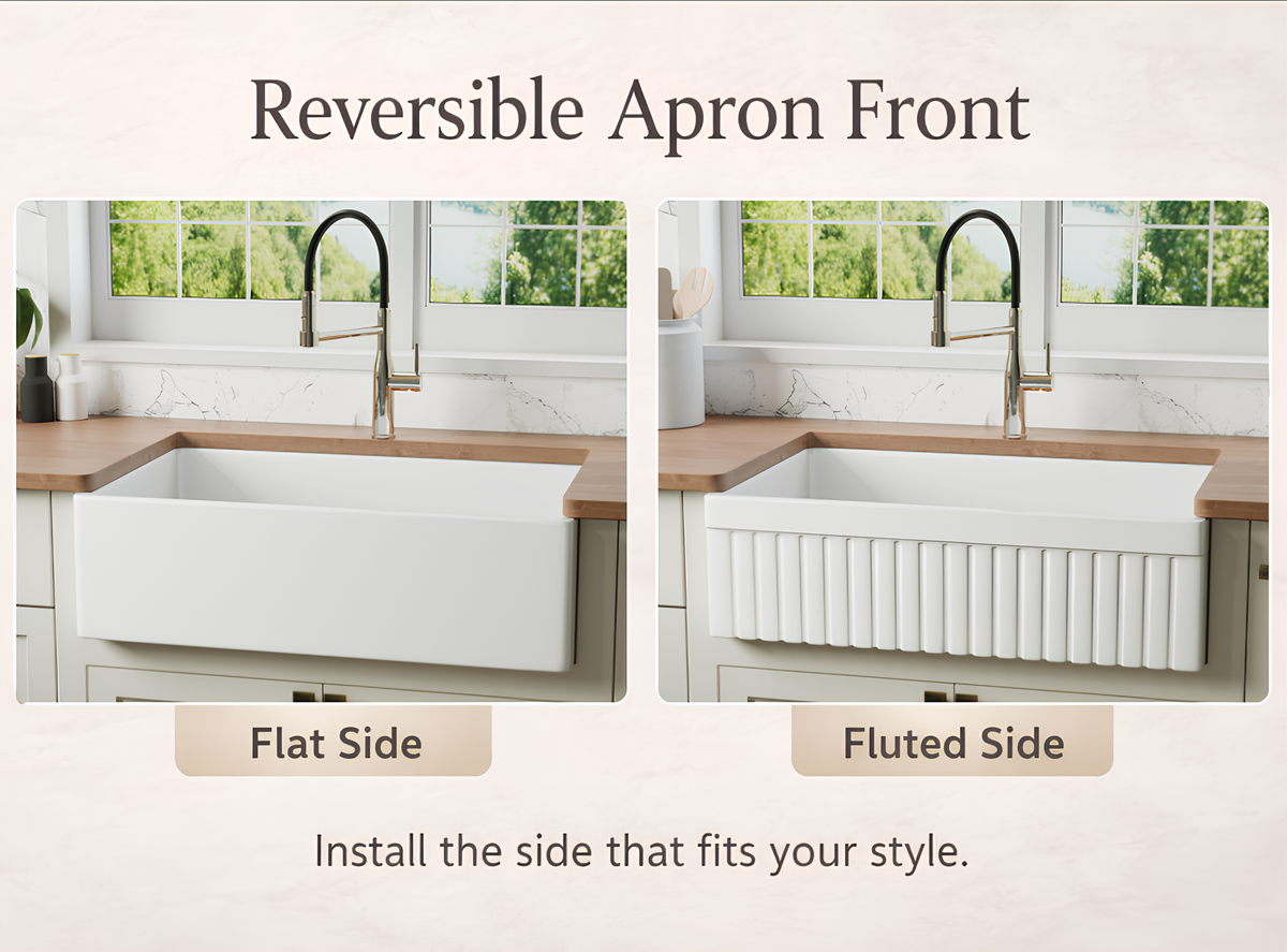 Reversible apron fireclay farmhouse sink with flat and fluted apron front options